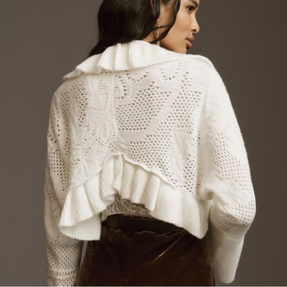 By Anthropologie Cropped Ruffle Cardigan Sweater in Ivory